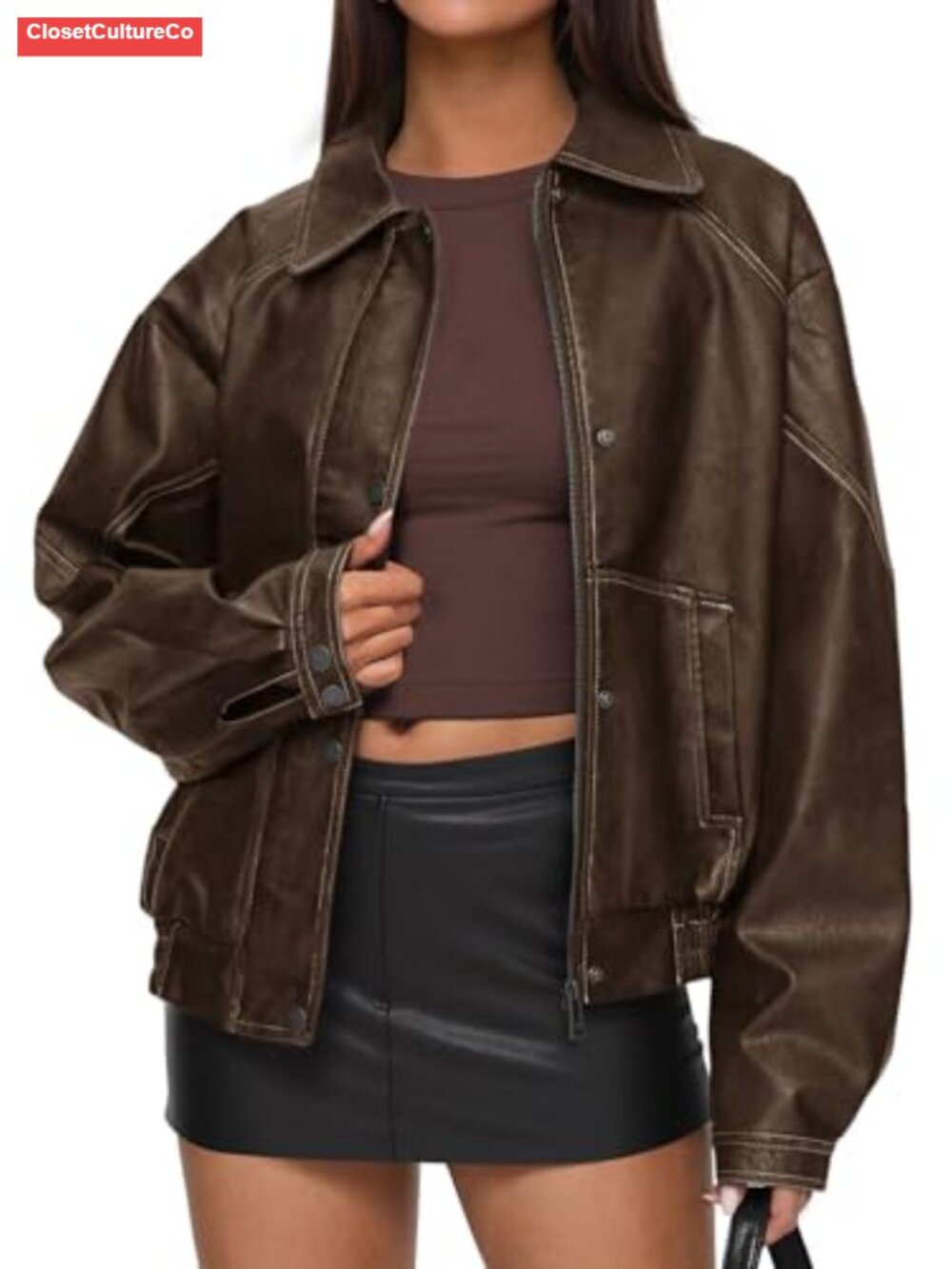 Oversized Faux Leather Jacket Moto Biker Coat Fall Winter